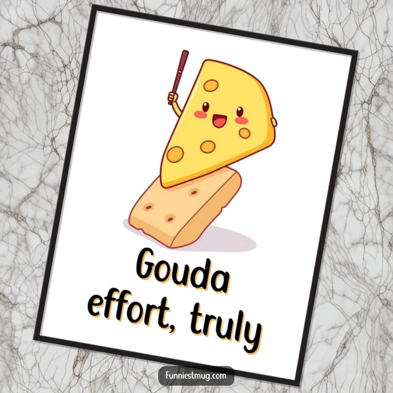 Funny digital art print of a determined cheese wedge pole vaulting over a cracker, a humorous and athletic dairy illustration ready to print and frame.