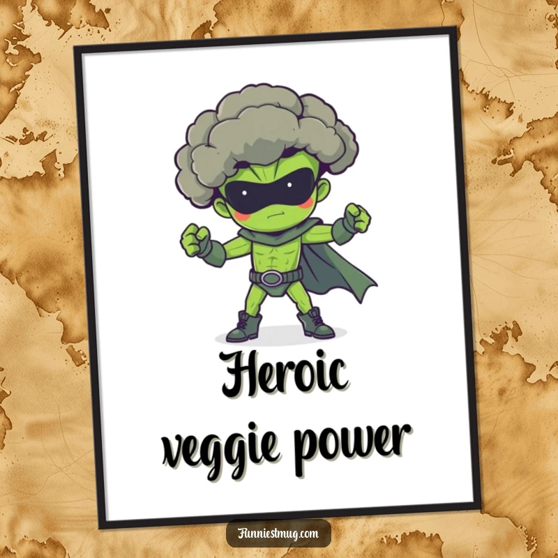 Funny broccoli superhero digital art print, striking a dramatic and proud heroic pose.