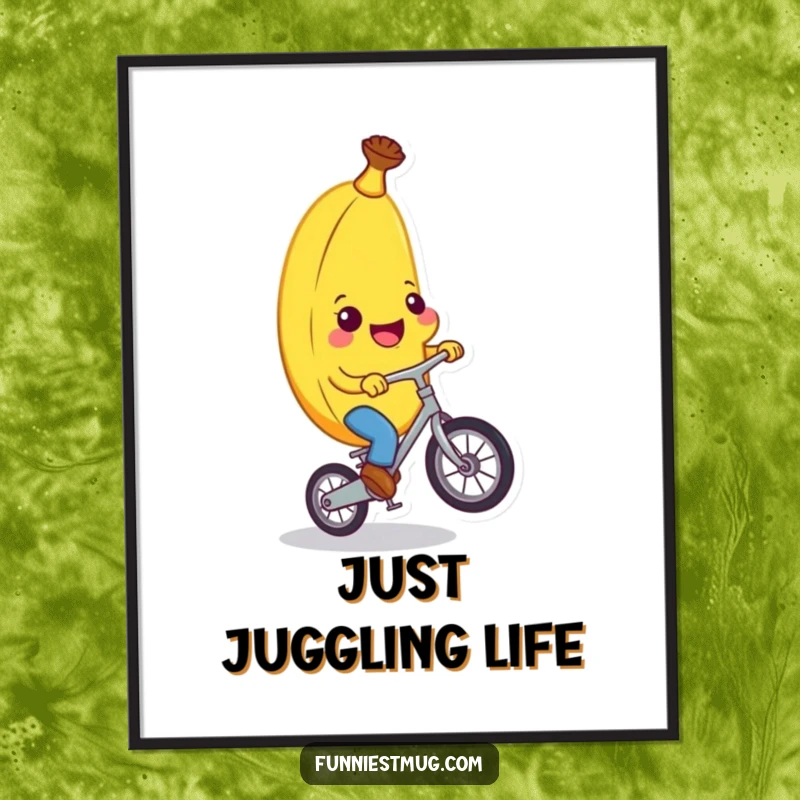 Funny banana character in mid-ride on a unicycle, a high-resolution digital art print bursting with color and funny energy.