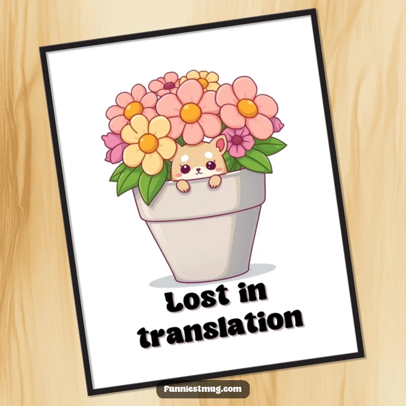 High-resolution funny digital art print of a curious creature peeking from a giant teacup, instant decor.