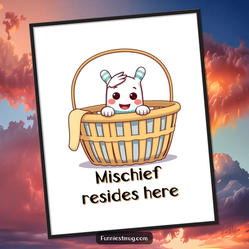 Funny digital art print of a cheeky sock puppet peeking from an empty laundry basket, capturing a moment of pure mischief.