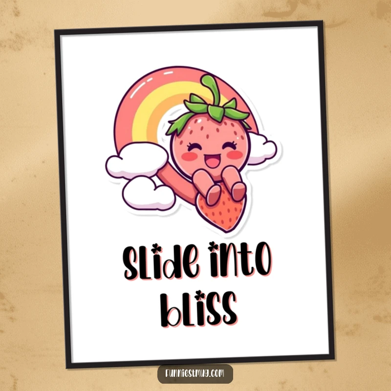 Funny digital art print of a smiling strawberry character dramatically sliding down a colorful rainbow, conveying pure, unadulterated joy and artistic flair.