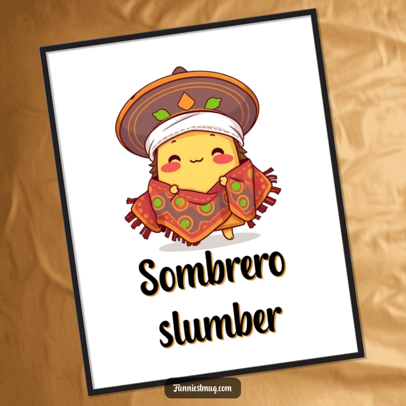 Funny proud taco character comically wearing a sombrero as a blanket, Mexican food art, digital download.