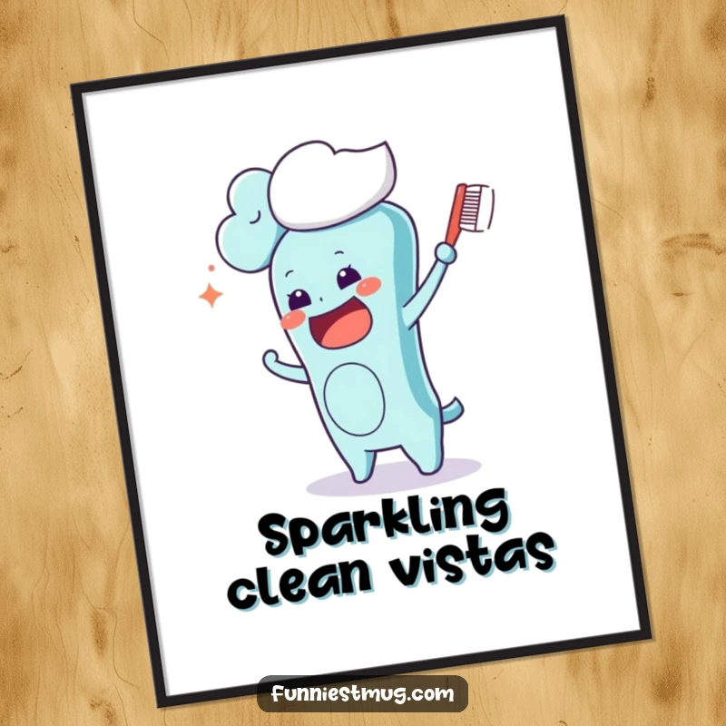 Funny Kawaii toothbrush character on a digital art print, comically attempting to brush a fluffy cloud, a humorous and whimsical piece.