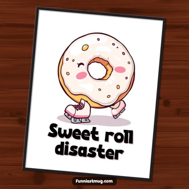 Funny digital art of a clumsy donut hole wearing tiny skates, comically falling, ready to be printed for fun decor.