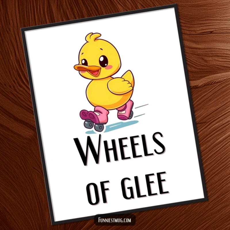 Funny digital art portraying a gleeful rubber ducky wearing oversized roller skates and speeding away with pure joy, instantly downloadable humor.