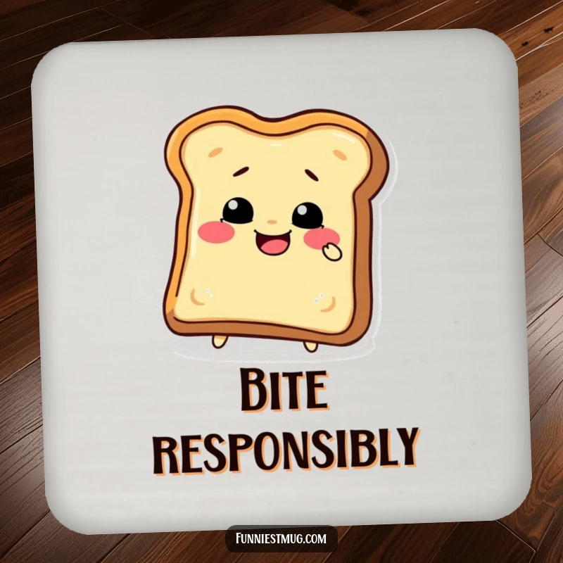Funny toast slice character in a comical biting pose on a drink coaster, protecting surfaces with quirky humor and funny gift potential.