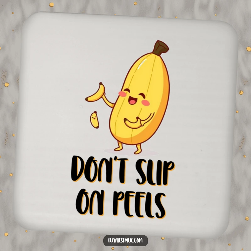 Funny banana juggling drink coaster, a winking banana juggling small bananas, protecting surfaces.