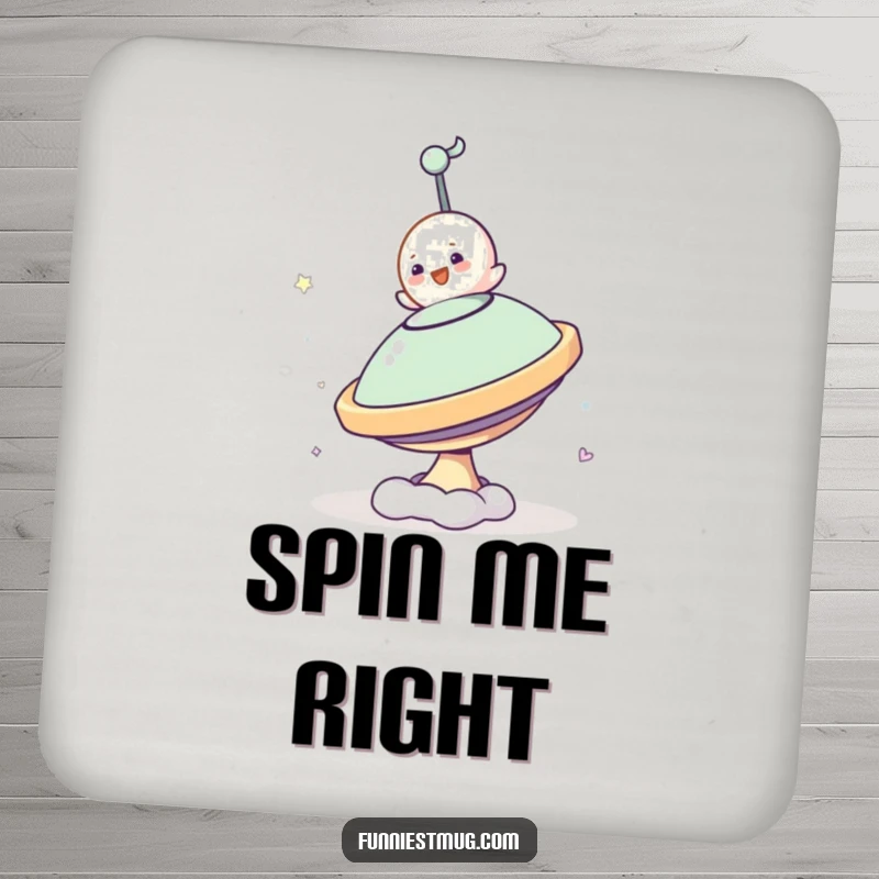 Funny Small Blob Drink Coasters set showing the character's funny attempt to ride a spinning top, protecting surfaces with humor.