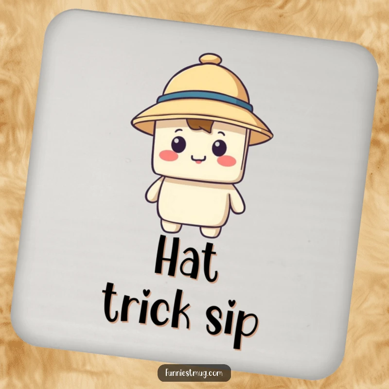 Funny drink coaster featuring a happy blocky character hiding behind a comically large hat.