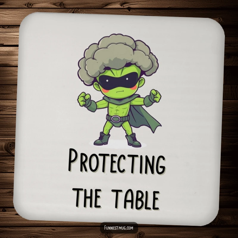 Funny broccoli superhero drink coaster, striking a heroic pose, protecting surfaces with veggie might.