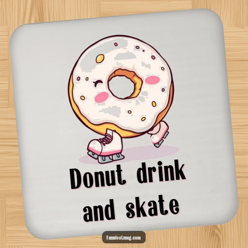 Funny drink coaster set featuring a clumsy donut hole wearing tiny skates, comically falling, providing surface protection with humor.