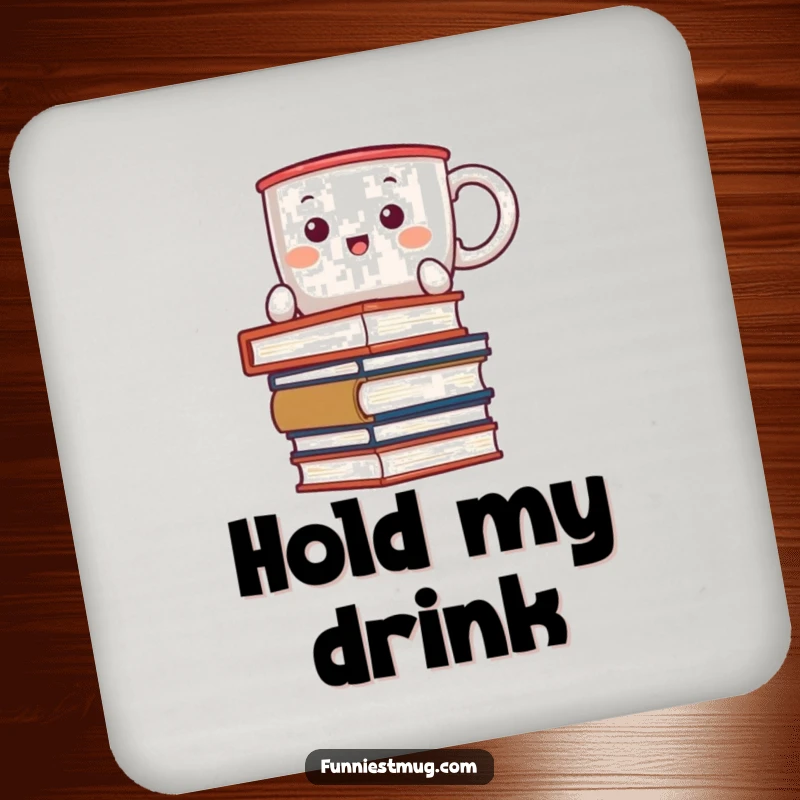 Funny Kawaii drink coaster with a coffee mug character comically balancing a stack of books, offering functional humor.