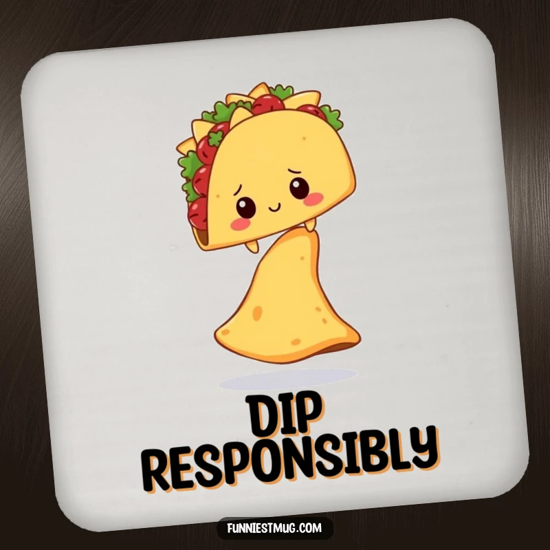 Funny Shy Taco Nacho Chip Drink Coaster: A shy taco balancing on a giant nacho chip, protects surfaces humorously.