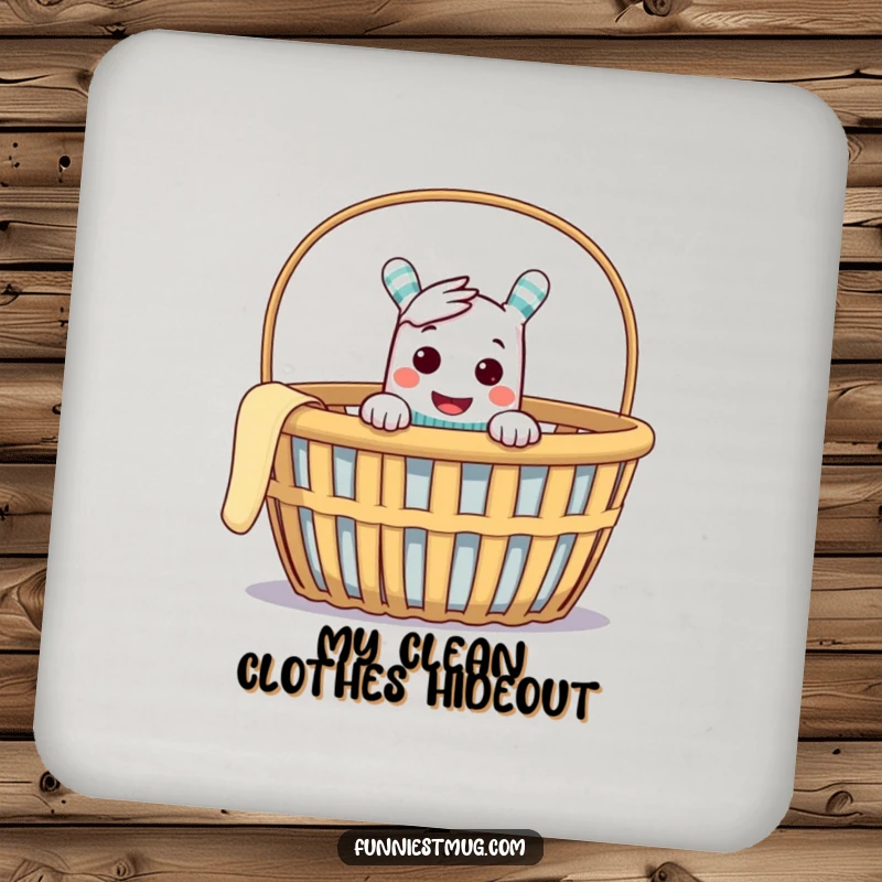 Funny drink coaster with a cheeky sock puppet peeking from an empty laundry basket, guarding against spills with style.