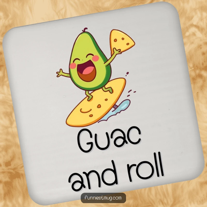 Funny avocado character laughing while surfing on a giant tortilla chip, on a drink coaster.