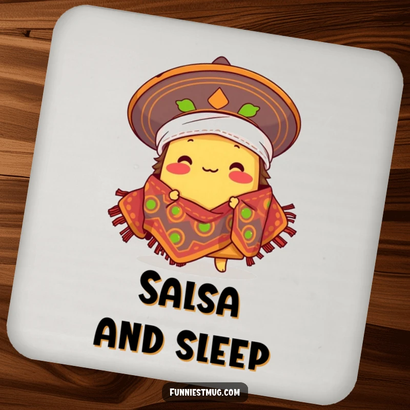 Funny proud taco character comically wearing a sombrero as a blanket, Mexican food humor on drink coasters.