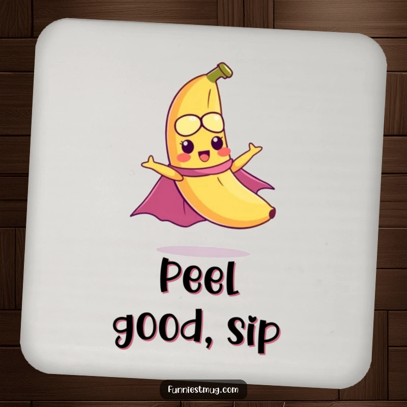 Funny drink coaster set featuring a mischievous banana wearing a cape, comically trying to fly, providing surface protection with humor.