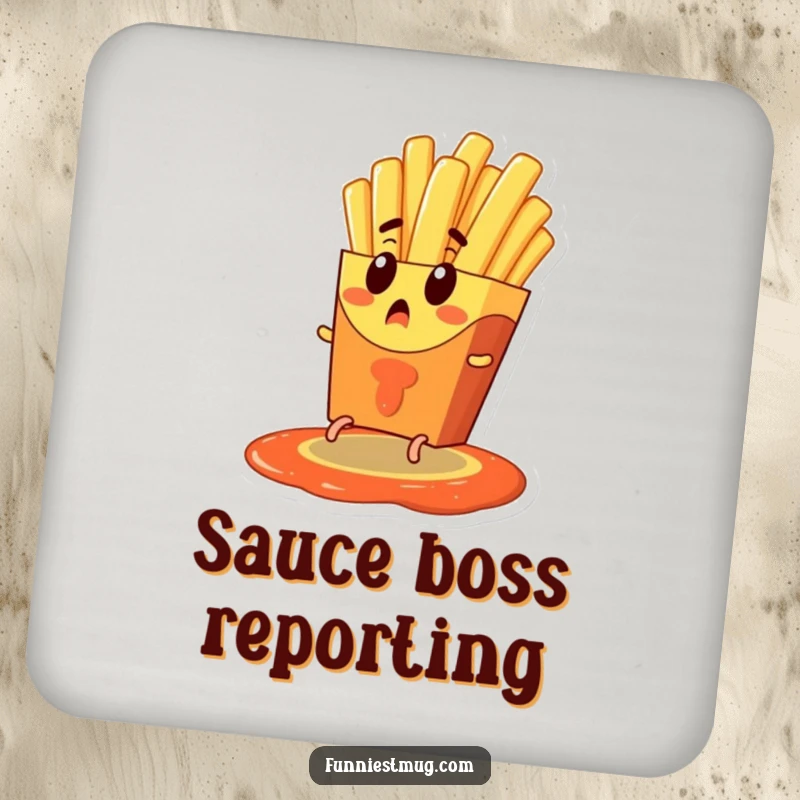 Funny drink coaster showing a surprised french fry character with tiny legs escaping a ketchup pool, adding a humorous food-themed touch to surface protection.