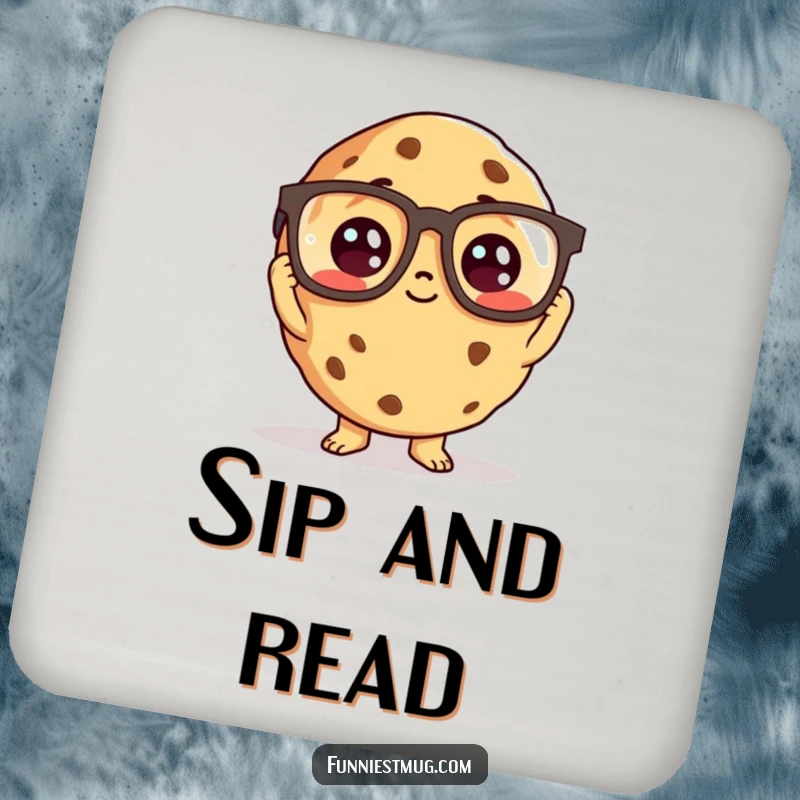 Funny cookie character wearing oversized reading glasses, on a drink coaster.