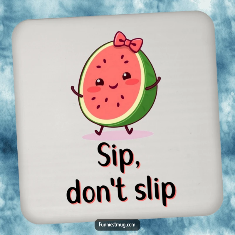Funny drink coaster set featuring a cheerful watermelon slice with a bow, comically tripping, providing surface protection with humor.
