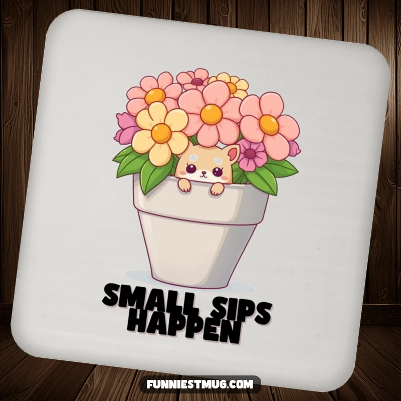 Funny protective coasters showing a creature peeking from a teacup, great for protecting furniture.