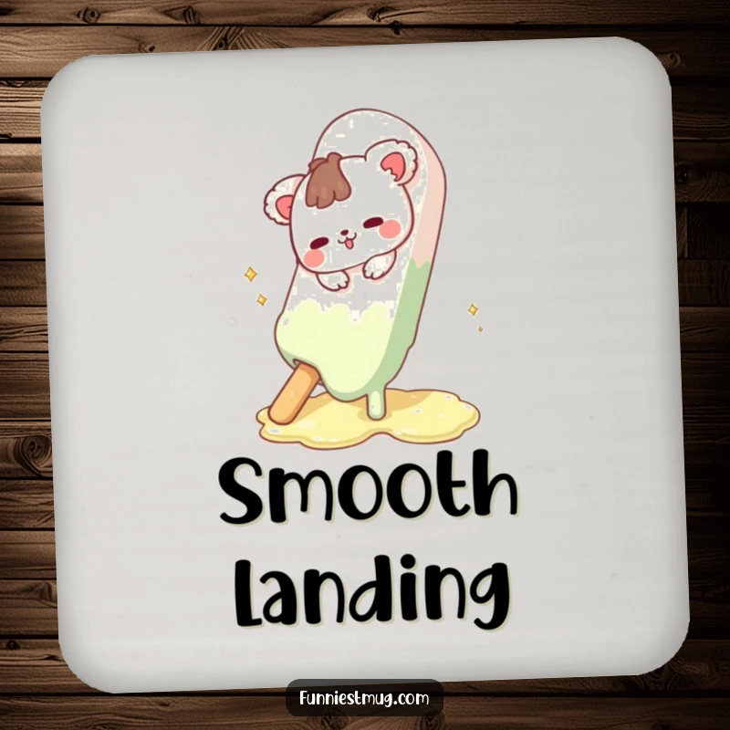 Funny Cute Animal Drink Coasters set showing the character's funny slip on a melting chocolate bar, protecting surfaces with humor.