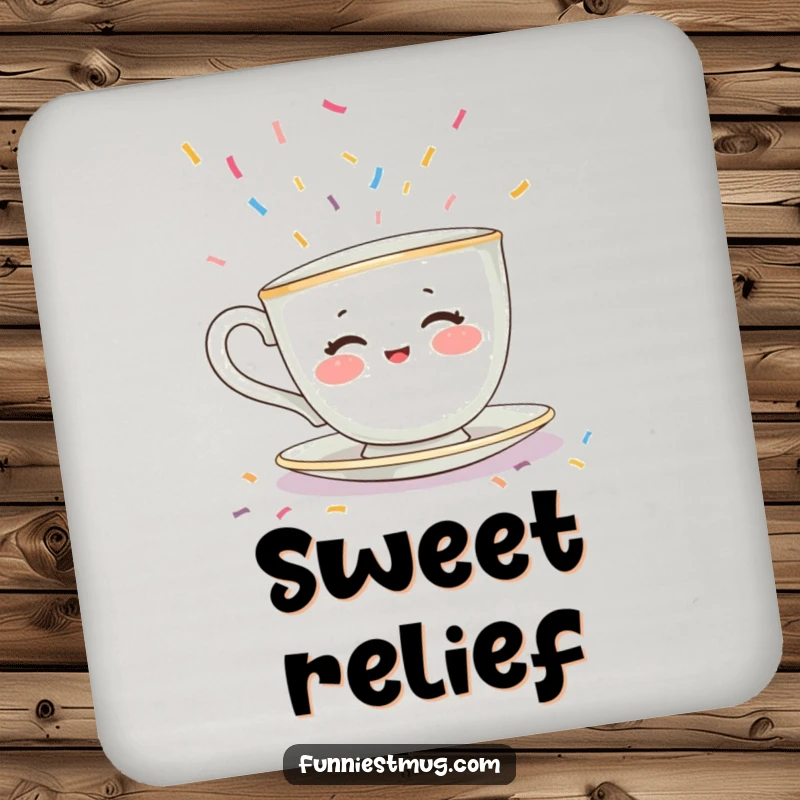 Funny drink coaster showing a shy teacup character trying to escape a flood of colorful sprinkles. Functional and amusing.