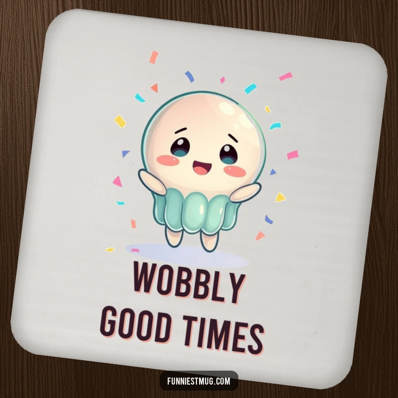 Funny Jelly Joy Coaster featuring a wobbly jelly character joyfully catching confetti, protecting surfaces with humor.