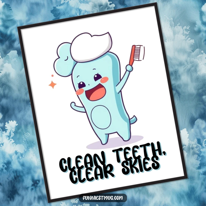 Funny Kawaii toothbrush character on a poster, comically attempting to brush a white cloud floating by, a whimsical and humorous wall art piece.
