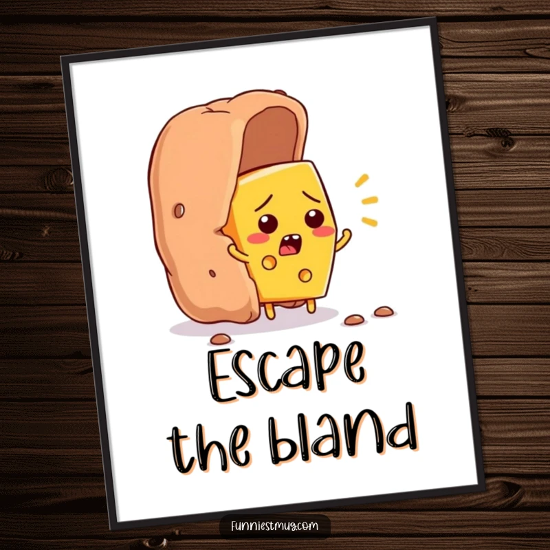 Funny cheese slice character flustered, trying to escape a giant cracker, humorous food art print for wall decor.