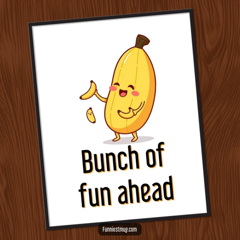 Funny banana juggling poster, a joyful banana winking and juggling smaller bananas with skill.