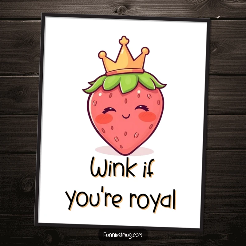Funny strawberry poster featuring a blushing character with a tiny crown, winking cheekily, bringing royal humor and sweetness to wall decor.