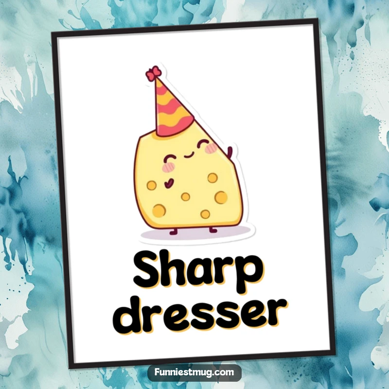 Funny Poster: Jolly cheese wedge attempting to balance a tiny party hat, perfect for food-themed humorous decor.