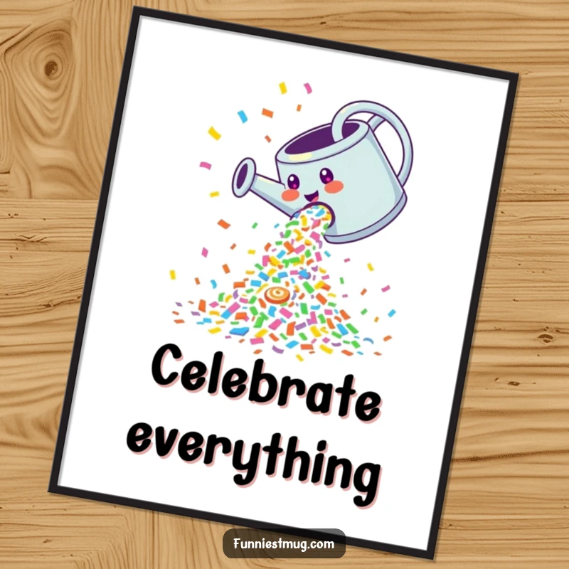 Funny Poster: Giggling watering can pouring a cascade of colorful confetti, perfect for festive wall decor.