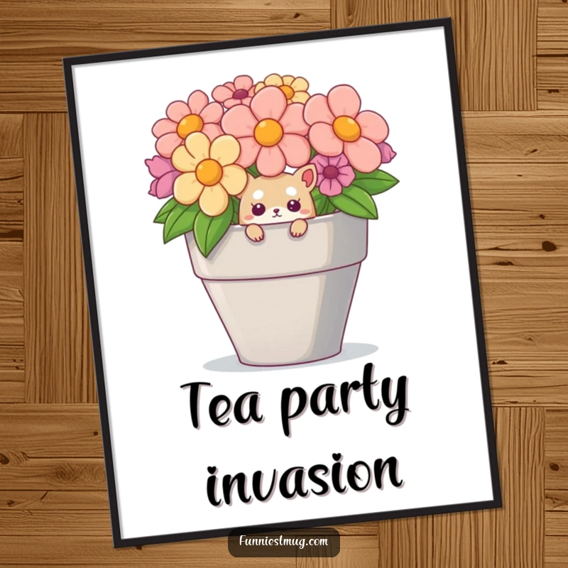 Funny whimsical poster print of a small creature peeking out of a giant teacup, perfect wall decor.