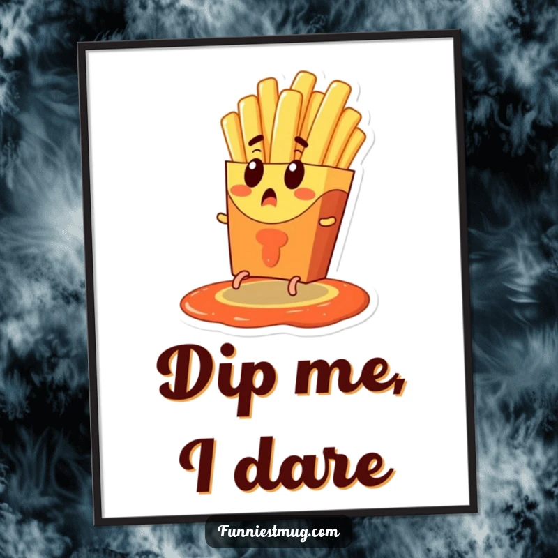 Funny poster art of a surprised french fry character with tiny legs escaping a ketchup pool, capturing a humorous and desperate food moment ready to hang.