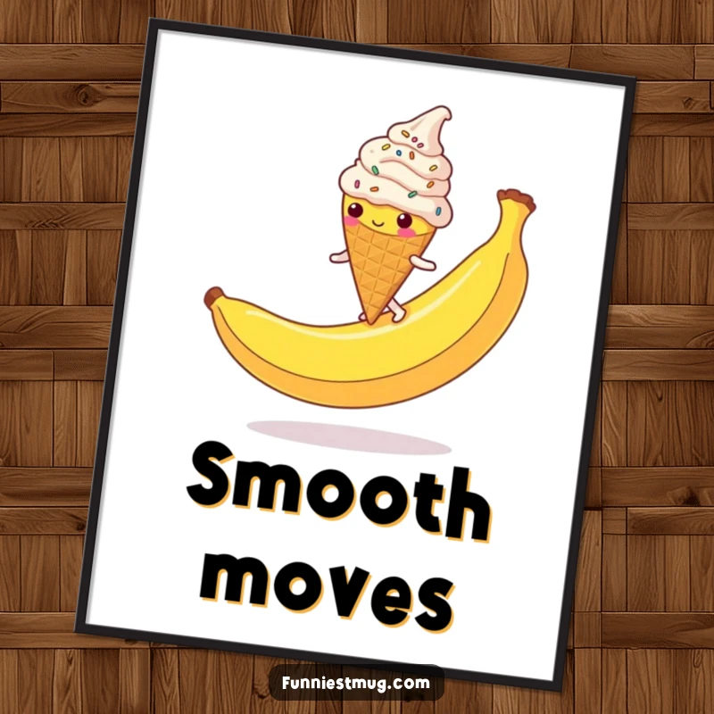 Funny Ice Cream Cone Poster: A sprinkle-covered character hilariously slipping on a giant banana peel, a vibrant and funny wall art.