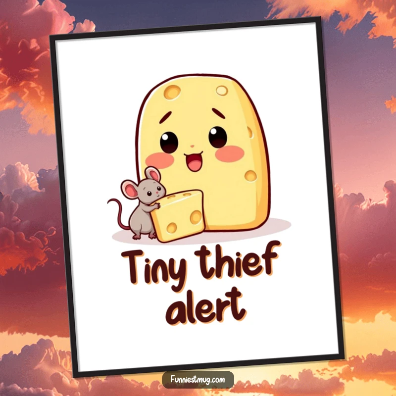 Funny Kawaii poster of a surprised cheese character and a tiny mouse escaping with a piece of cheese.