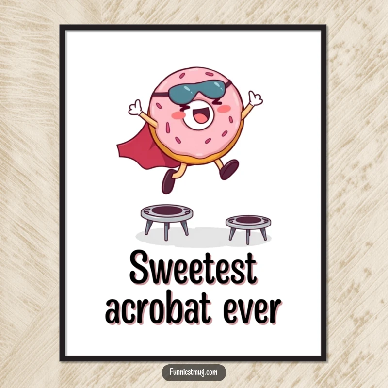 Funny poster art of a giggling donut hero in a cape leaping dynamically over miniature trampolines with boundless energy.