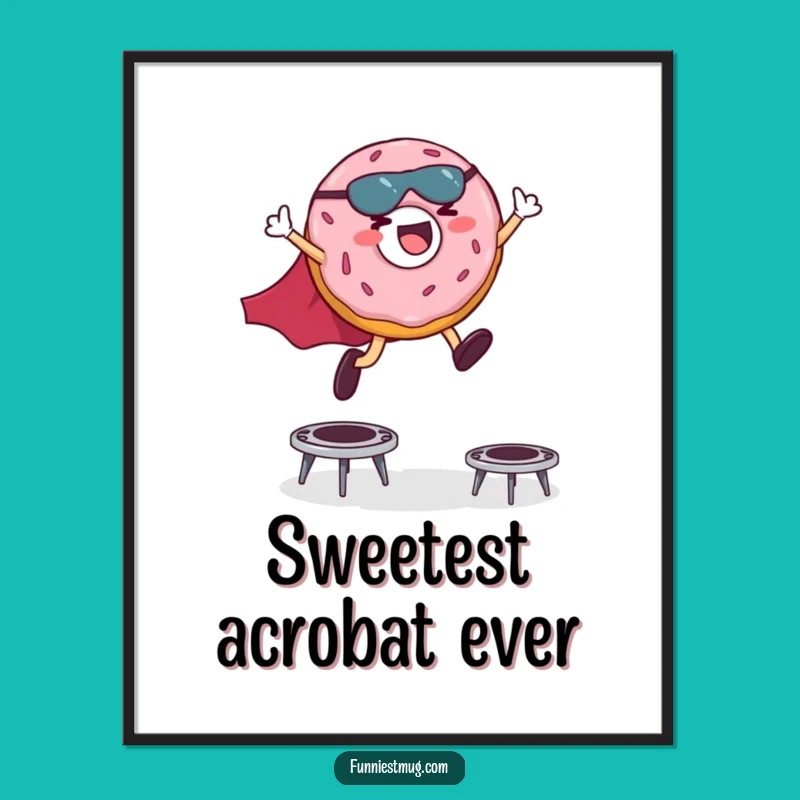 Funny Superhero Donut Poster: Giggling Hero Trampoline Leaps Wall Art