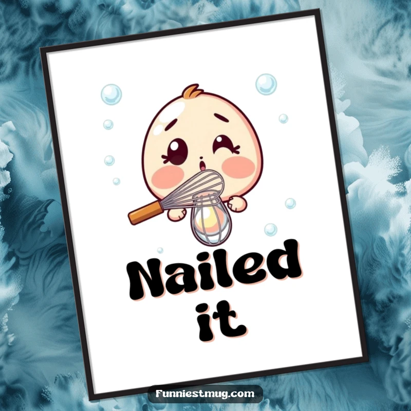 Funny Poster: Surprised whisk dramatically failing to whisk a single bubble, bringing kitchen humor to wall art.