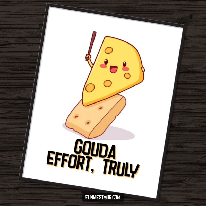 Funny poster art of a determined cheese wedge performing a pole vault over a giant cracker, capturing a humorous and athletic dairy scene ready to hang.