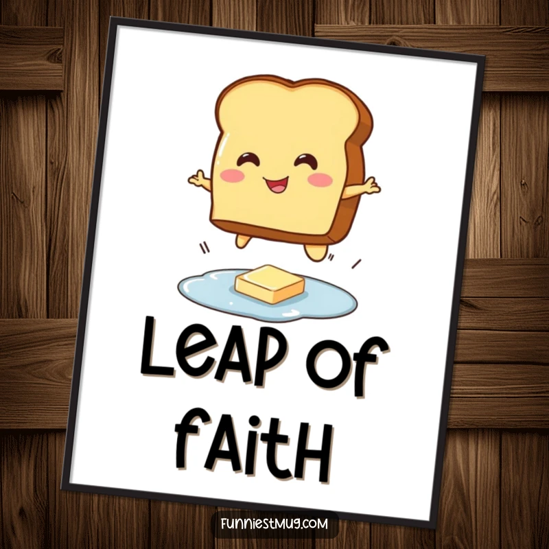 Funny poster art of a smiling toast character executing a jump over a tiny puddle of butter, celebrating breakfast ambition.