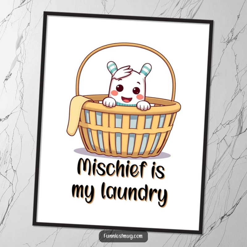 Funny poster artwork of a cheeky sock puppet peeking from an empty laundry basket, showcasing its mischievous personality.