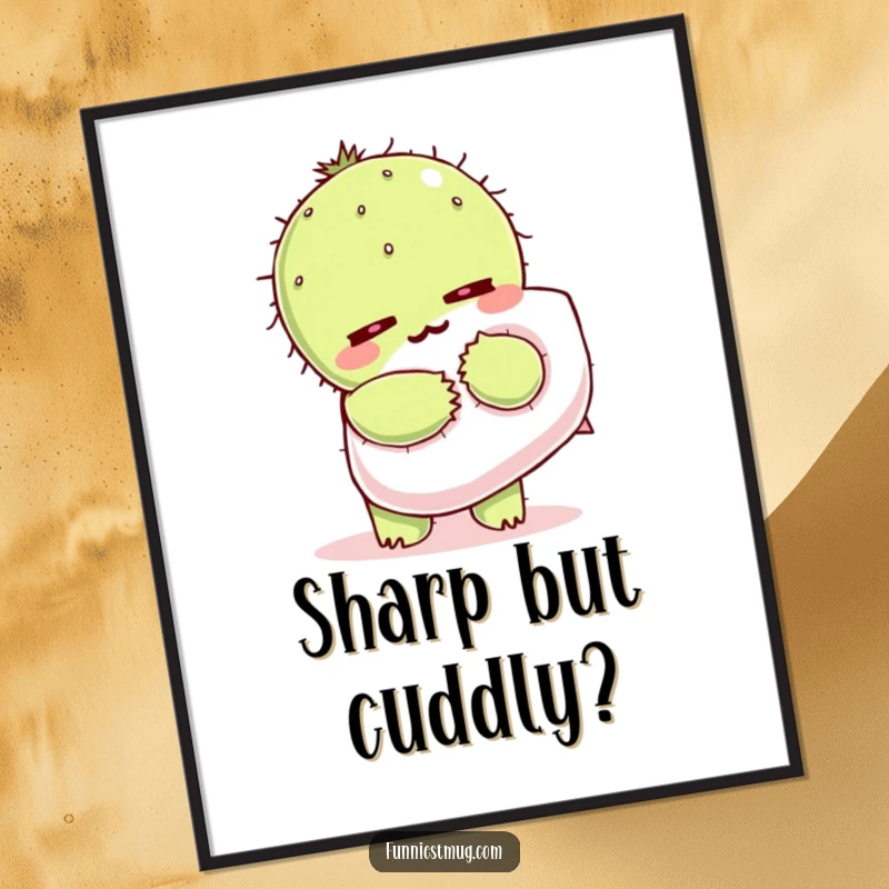 Funny Kawaii poster of a cactus character wincing while trying to hug a soft pillow.