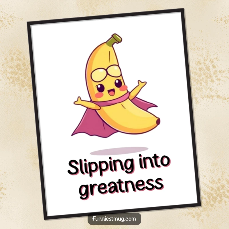 Funny poster print of a mischievous banana wearing a cape, comically trying to fly, a humorous piece of fruit-hero art.
