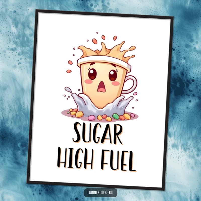 Funny coffee cup character surprised by tiny candy waves splashing, as art.