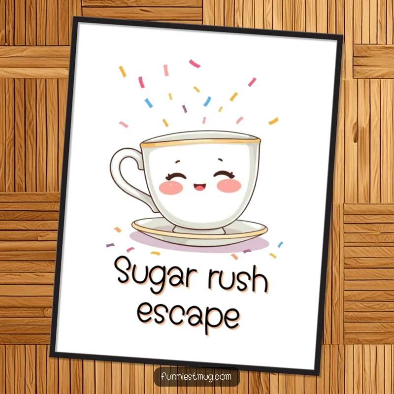 Funny poster print of a shy teacup character with rosy cheeks trying to escape a massive flood of colorful sprinkles. Whimsical art.