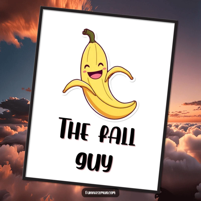 Funny Banana Peel Slip Poster: Wall art print of a grinning banana peel comically slipping with exaggerated flair, a funny and retro statement piece.